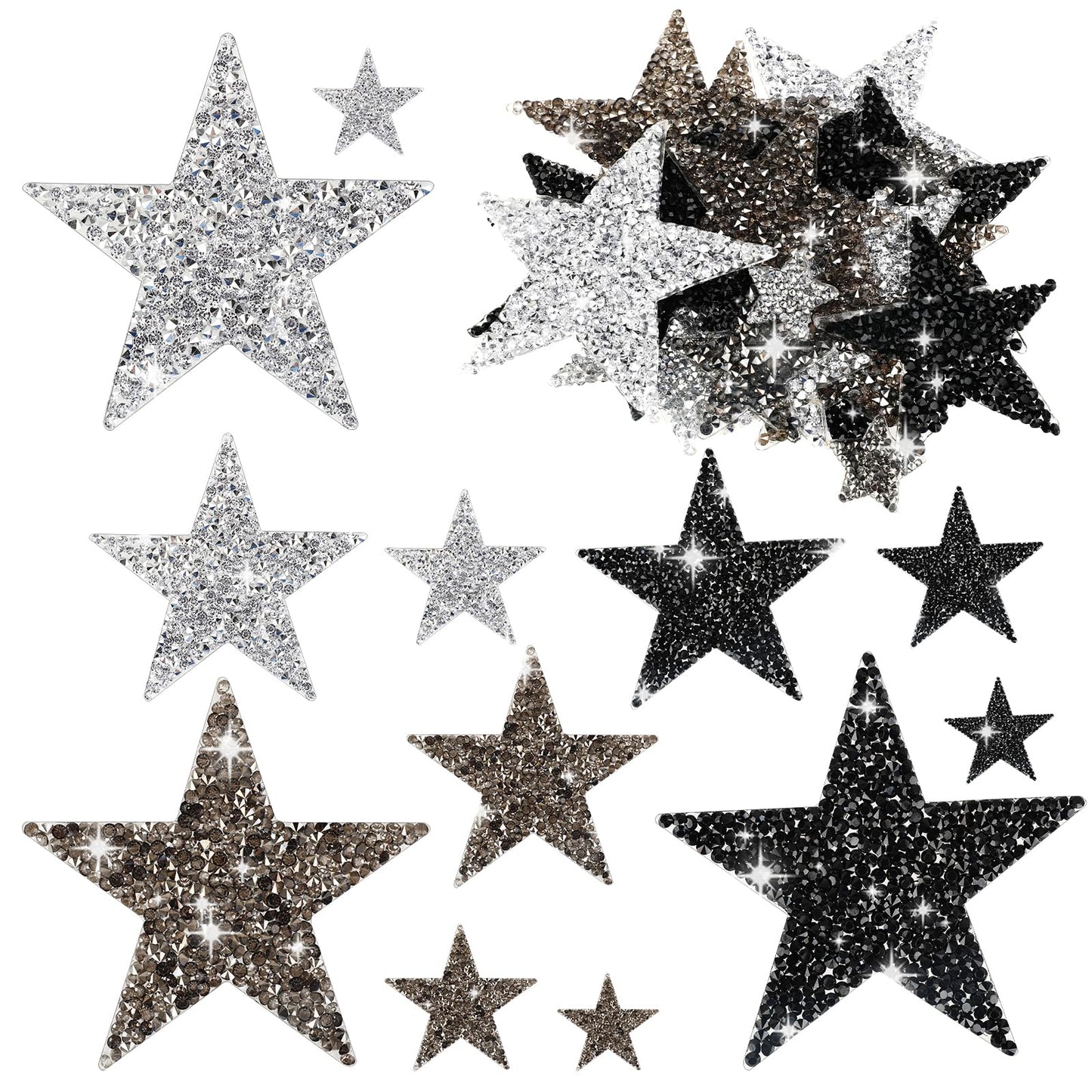 Molain 24Pcs Star Iron on Patches, Iron on Star Appliques Rhinestone Sticky Star Iron on Patch Decorative Patches for Clothing Backpack Hat Jeans Repair Decoration (2/4/6/8 cm)