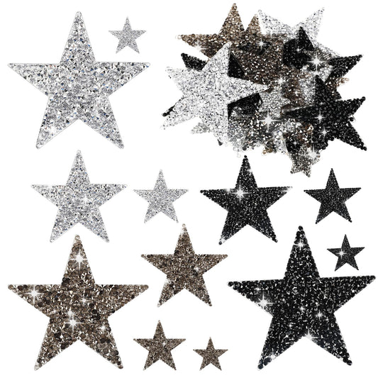 Molain 24Pcs Star Iron on Patches, Iron on Star Appliques Rhinestone Sticky Star Iron on Patch Decorative Patches for Clothing Backpack Hat Jeans Repair Decoration (2/4/6/8 cm)