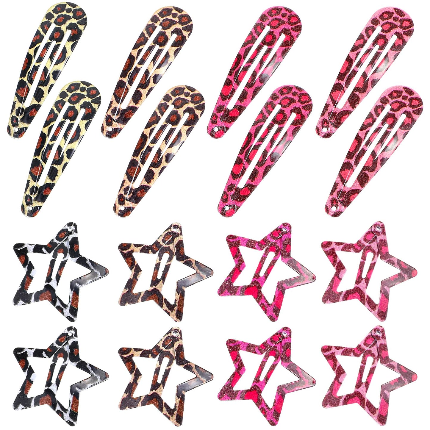 XLIUAX 16Pcs Metal Snap Hair Clips, Pink Leopard Print Hair Barrettes, Star & Water Drop Hairs Clip Non-Slip 2000s Aesthetic Hairs Accessories for Women Girls Thick Thin Styling Decorations