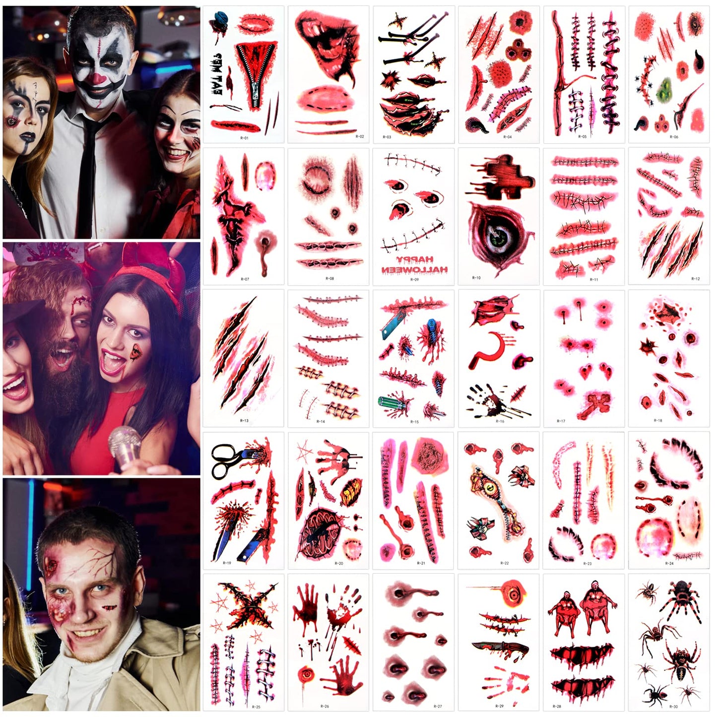 Cobee Halloween Scars Temporary Tattoos Stickers, 30 Sheets Horror Realistic Fake Bloody Halloween Sticker Decals Zombie Scars Blood Wound Bleeding Makeup Tattoo for Halloween Cosplay Costumes