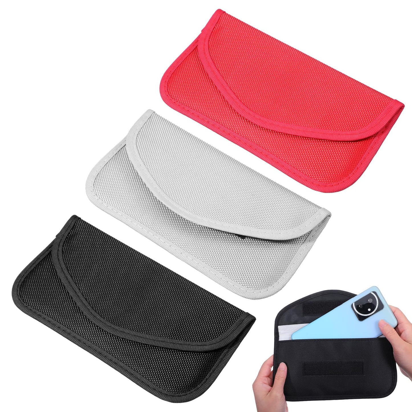 WJIAAA Pack of 3 Faraday Bag, Faraday Bag for Mobile Phones up to 8.5 x 15.5, Car Keys & Cards, Signal Blocking & RFID Protection, 19 x 10 cm (Black/Red/Silver, Nanofibres)
