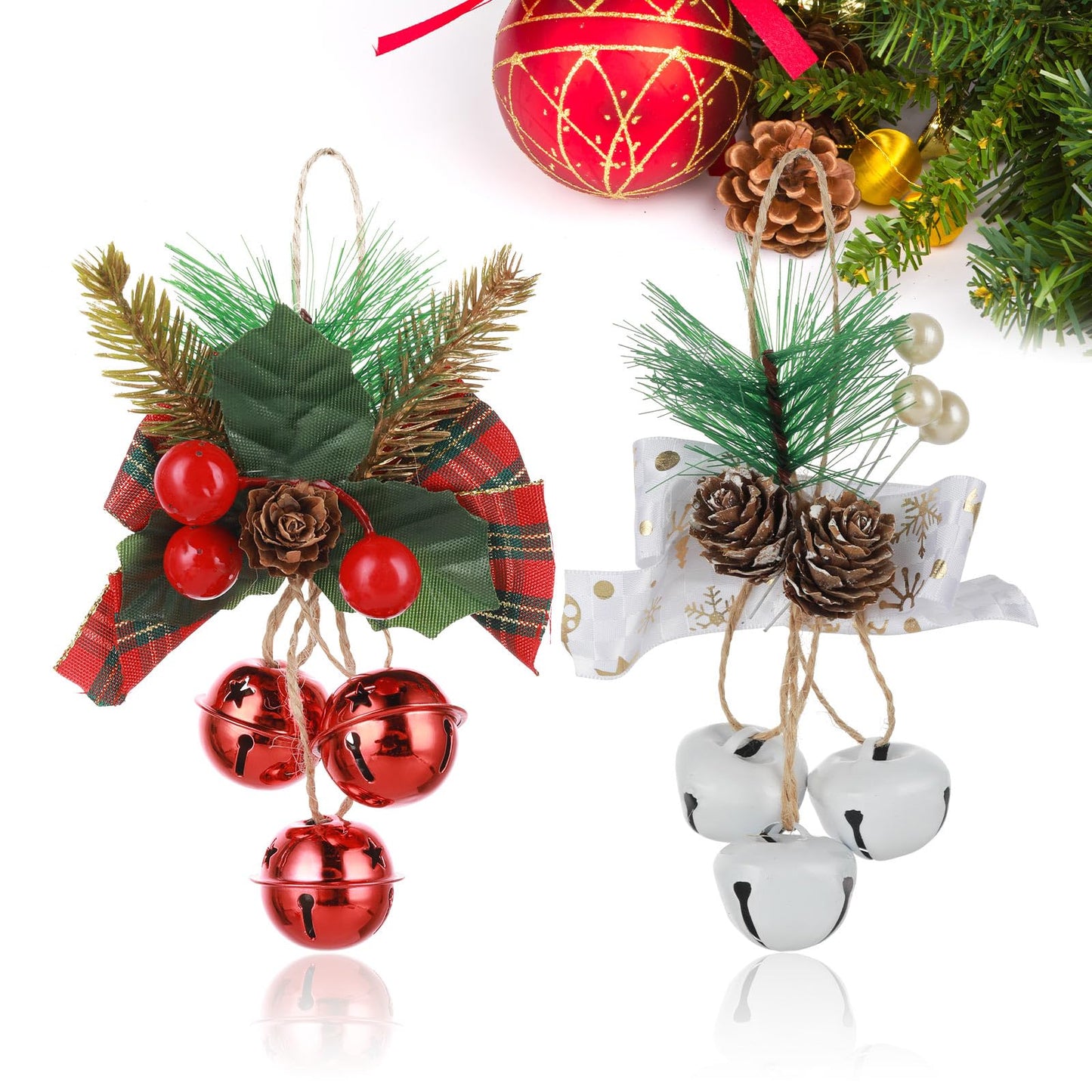 cobee Christmas Large Bell Ornaments, 2pcs Christmas Jingle Bells for Xmas Tree Decorations Christmas Door Hanging Bells with Holly Berries Pinecone Bow Christmas Wreath Gift Wrapping Craft(Red White)