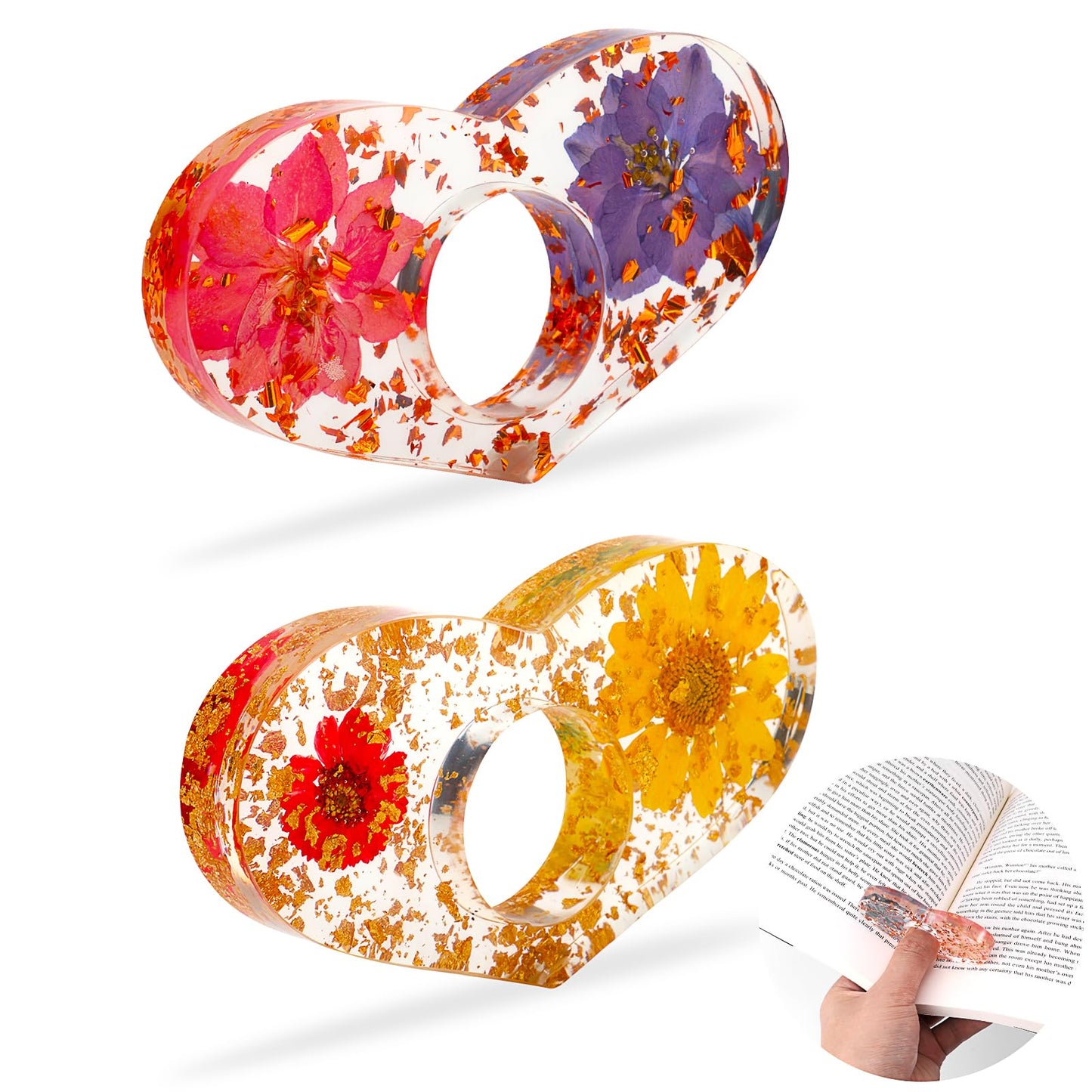 TIESOME Dried Flower Bookmarks, 2 Pcs Resin Clear Floral Book Holder Thumb Reading Ring Book Opener Reading Accessories for Readers Book Lovers Bookworm Bookmarks (Style-A)