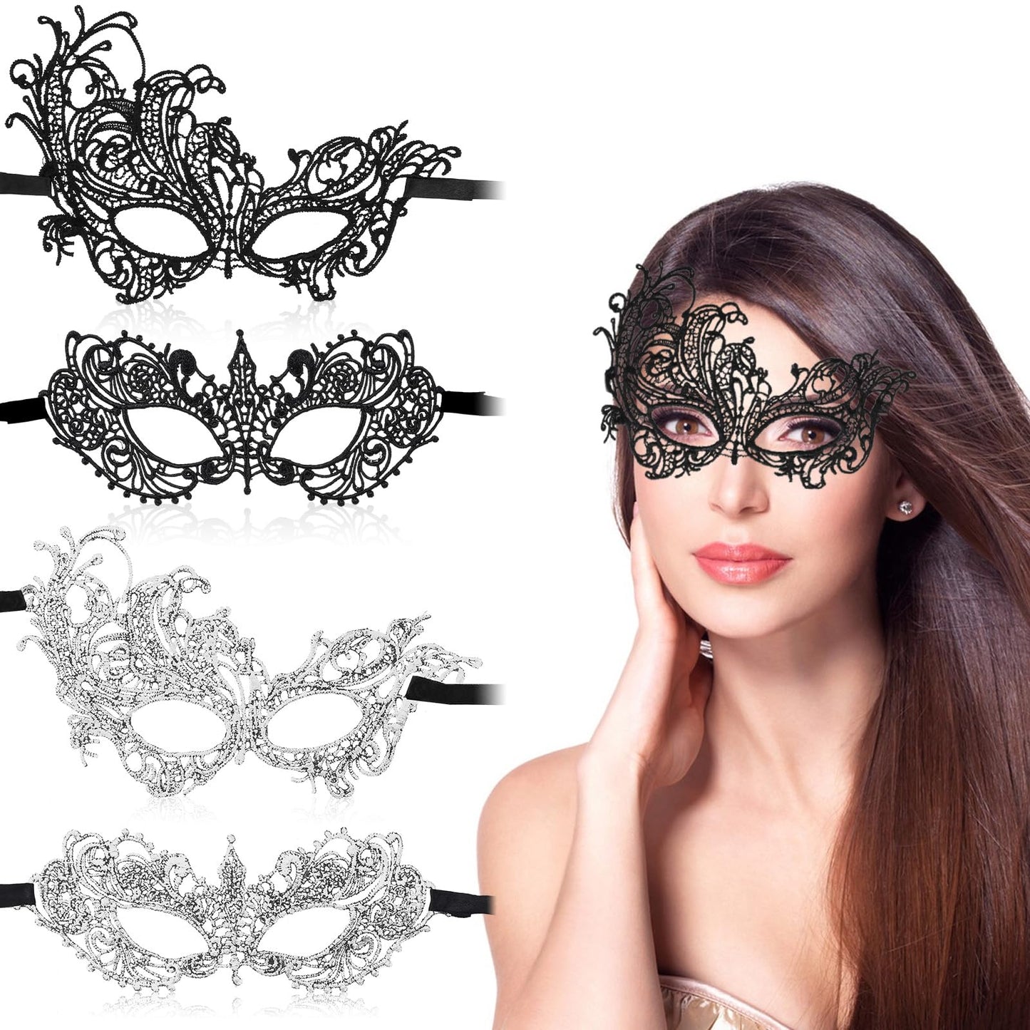 Andibro 4Pcs Black Masquerade Lace Mask, Women Lace Eye Masks for Venetian Masquerade Party Costume Party Halloween Carnival Ball Proms(Black, Silver)
