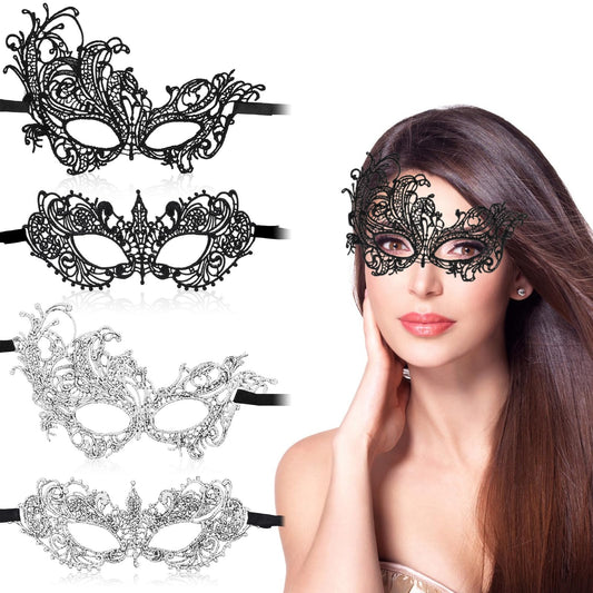 Andibro 4Pcs Black Masquerade Lace Mask, Women Lace Eye Masks for Venetian Masquerade Party Costume Party Halloween Carnival Ball Proms(Black, Silver)