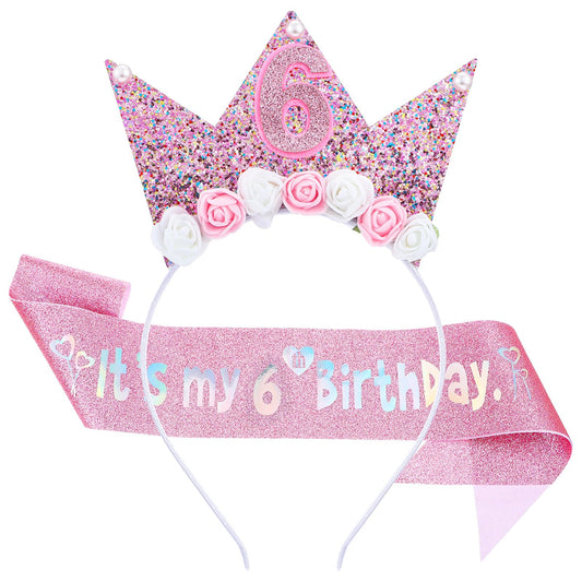 HJZHII Birthday Princess Crown and Sash Set, Glitter Flower Tiara Decorations for Girls Happy Birthday Party Headband Outfit Decor(6th)