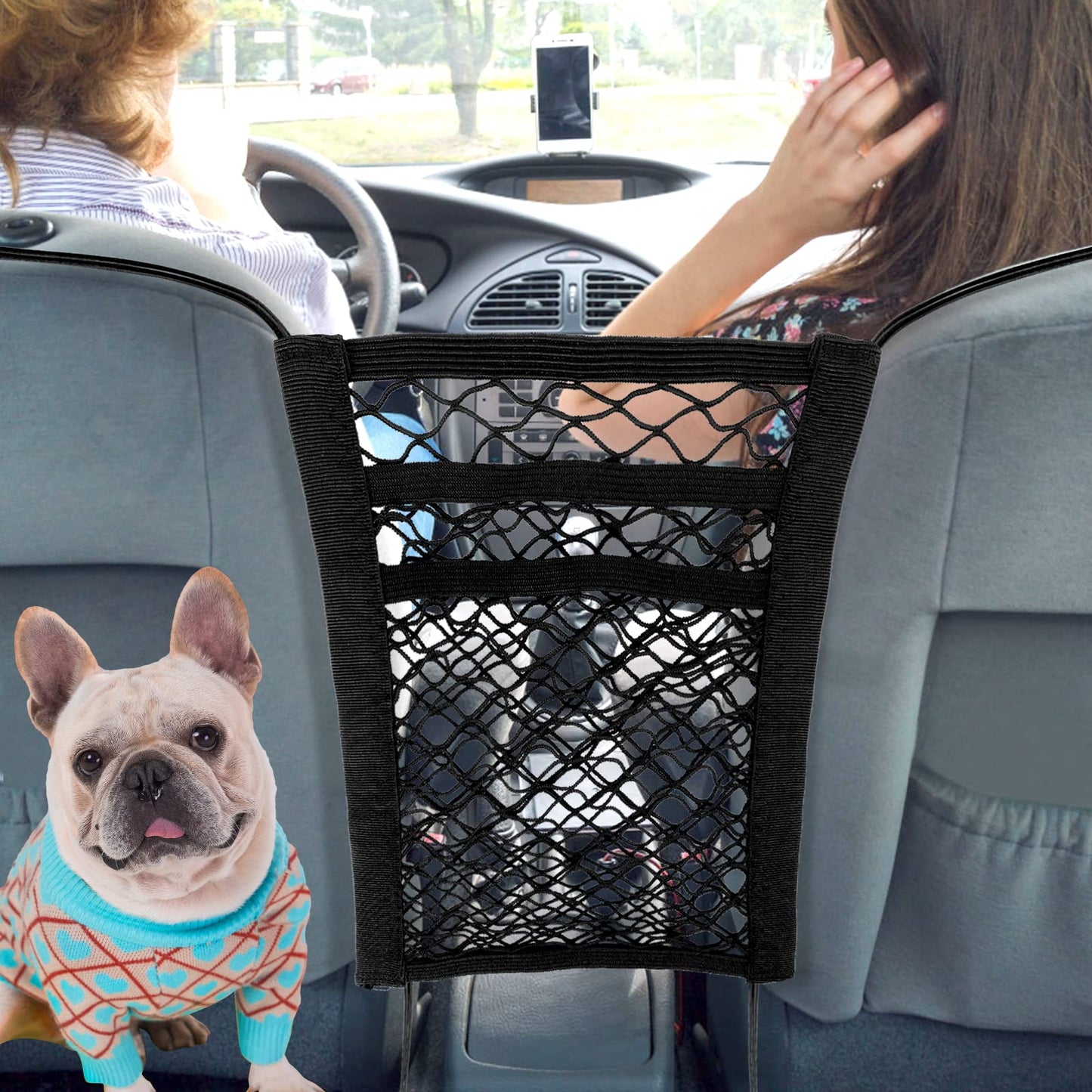 cobee 3-Layer Car Mesh Organizer, Car Net Pocket Handbag Holder Car Net Bag Between Seats Car Purse Holder Dog Net Barrier for Car Storage Bag