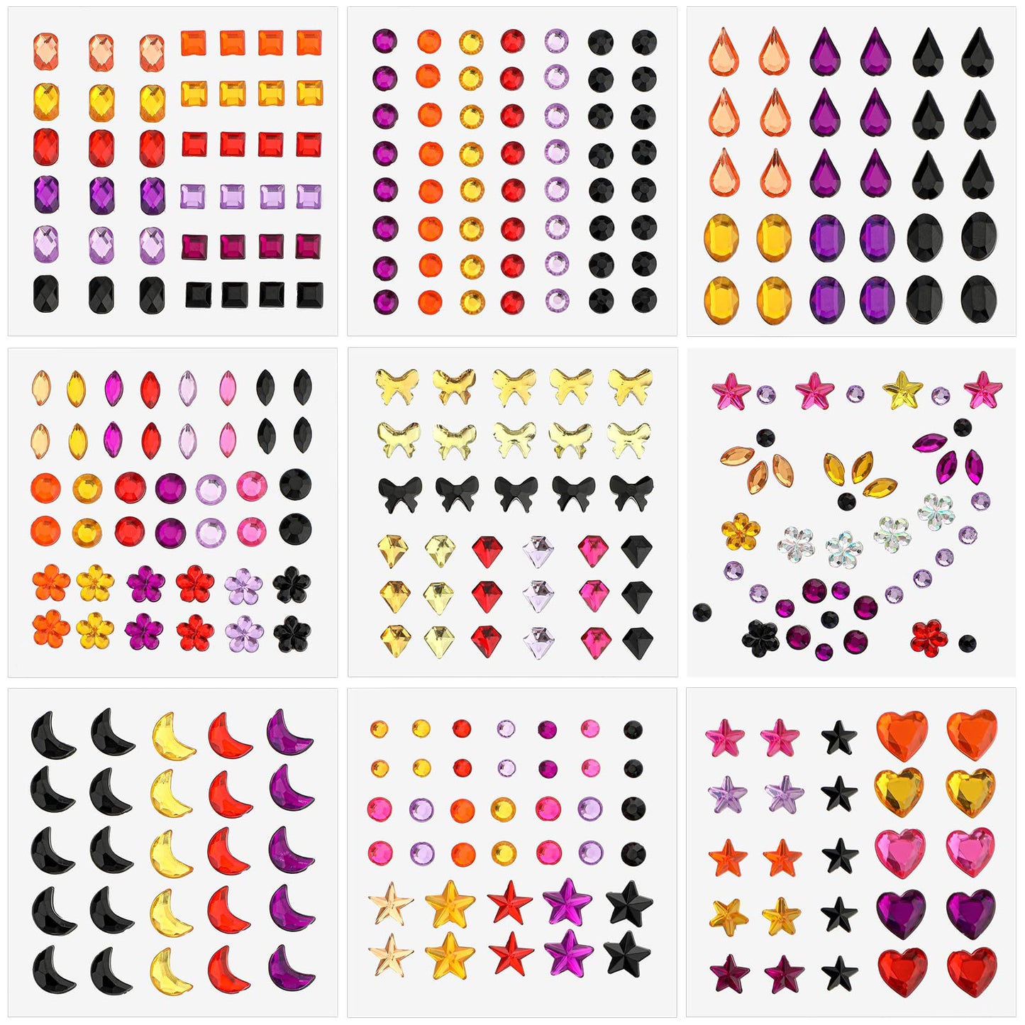 Amabro 9 Sheets Face Gem Stickers, 270+ Pcs Self-Adhesive Rhinestone Temporary Tattoos Stickers DIY Glitter Diamond Jewels Stickers for Makeup Face Eye Nails Hair Body Festival Decorations