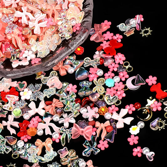 Bewudy 500 Pcs 3D Nail Charms, Multi Shapes Bowknot Heart Star Flower Pearls for Nail Design Jewellery, DIY Manicure Decoration Crafts Arts for Women (Pink)