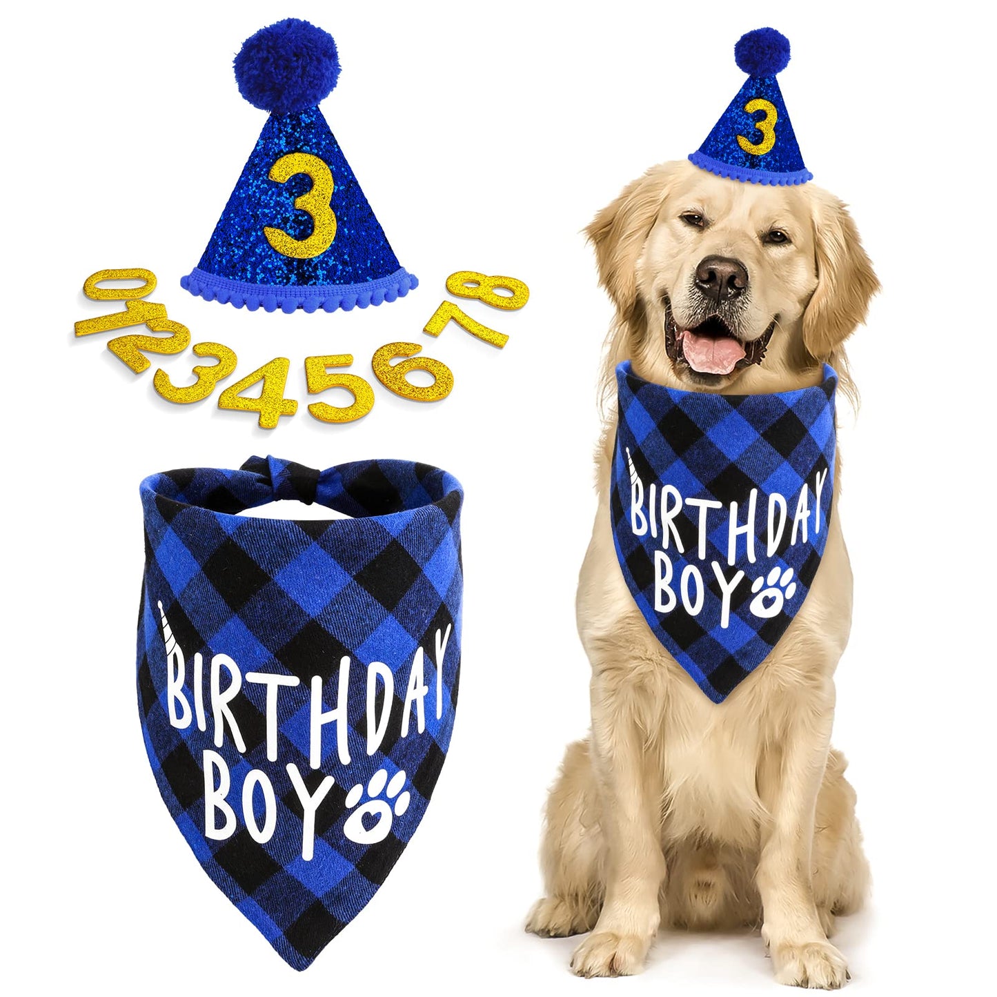 Cobee Dog Birthday Bandana Hat Number Set, 10 Pieces Dog Boy Birthday Party Supplies Pet Bandana Party Bling Hat with 8 Glitter Number for Small Medium Large Dogs