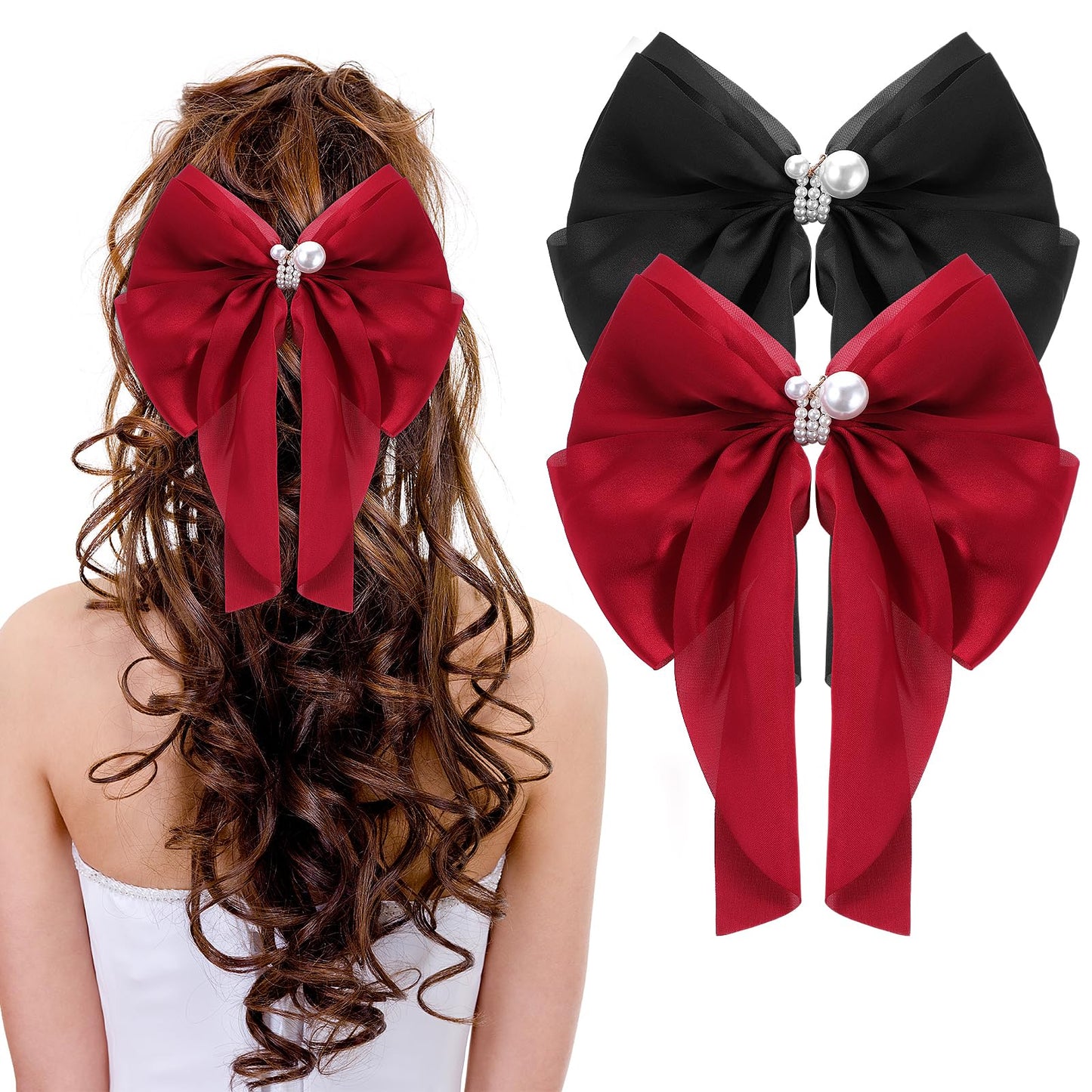 TIESOME Silky Satin Hair Bows, 2PCS Pearl Hair Bow Ribbon For Hair Silk Hair Bows For Women French Hair Clips Bow Hair Clip Hair Barrettes For Women Kawaii Hair Accessories Cute Aesthetic(Red+Black)