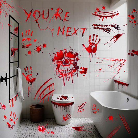 Amabro Halloween Bloody Window Clings, 31 Pcs Halloween Decorations 4 Sheets Bloody Handprint Skull Head Floor Stickers Scary Screaming Horror Wall Decals for Zombies Vampire Haunted House