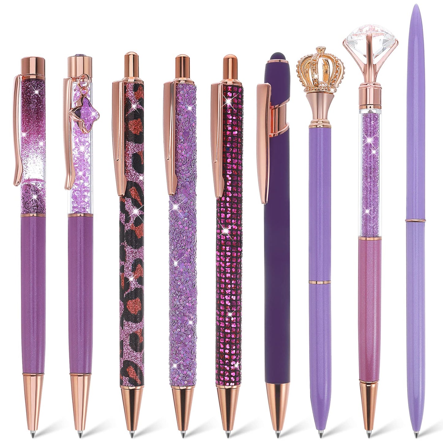 TIESOME 9 Pcs Ballpoint Pens, Metal Crystal Diamond Pen Liquid Sand Glitter Pen for Journaling Black Ink Pretty Cute Pens Fancy Pens Gifts for Women Girls School Wedding Office Supplies (Purple)