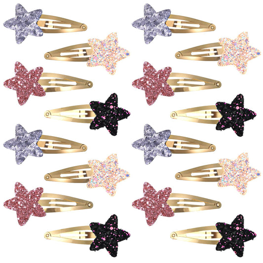 HJZHII 16Pcs Glitter Stars Hair Clips, Cute Metal Sparkly Snap Pins, Fashion Hair Barrettes Styling Y2k Accessories No-Slip Colorful Hairpins for Women Girls Party Birthday Christmas Gift