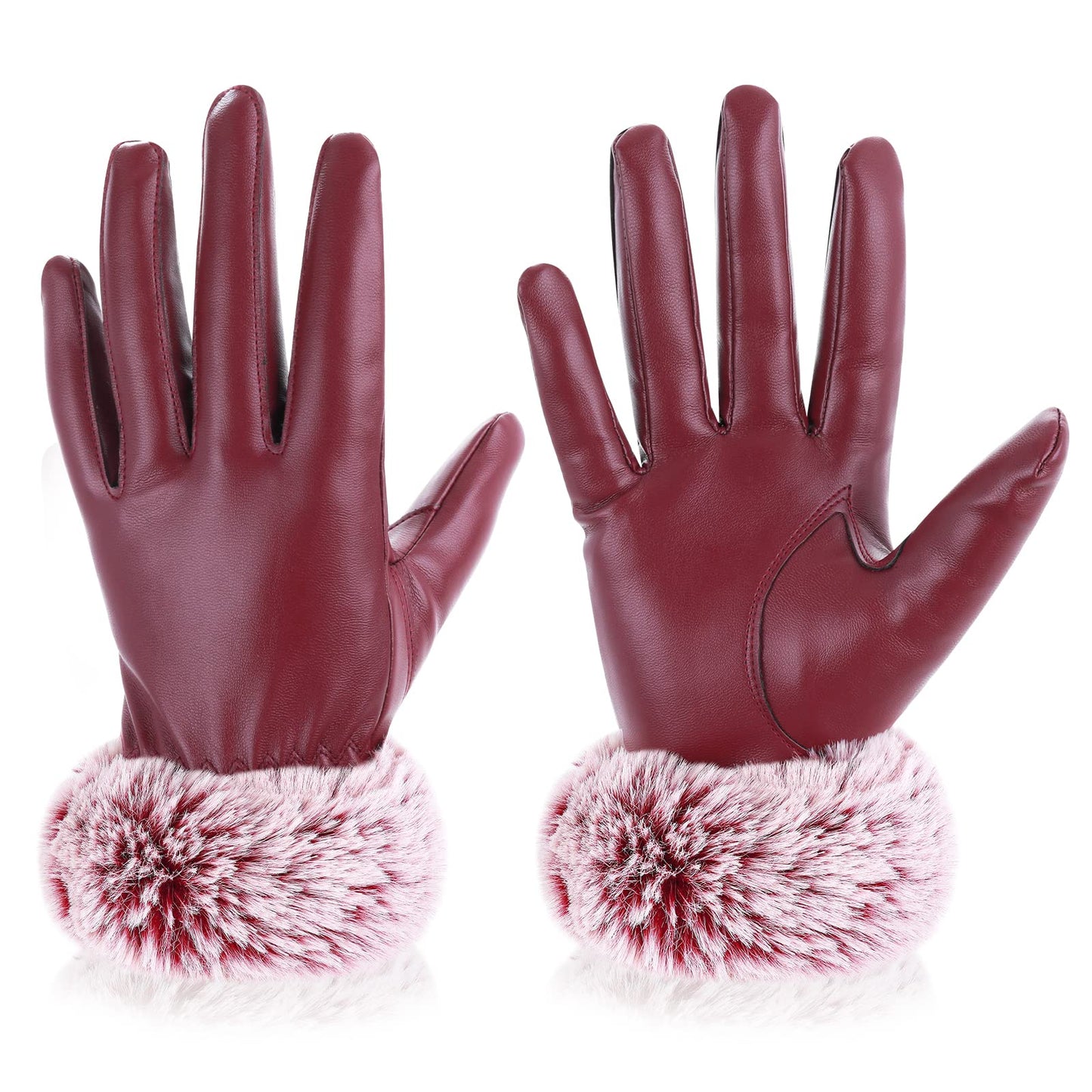 cobee Warm PU Leather Gloves for Women, Winter Warm Gloves with Fur Cuff Plush Lined Leather Gloves Touchscreen Gloves(Red)