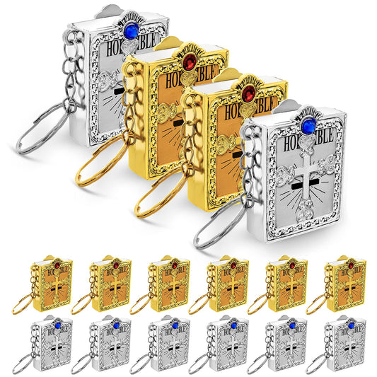 cobee Bible Keychain, 12 Pcs Mini Holy Bible Keychains with Frames Religious Jesus Key Chains Small Holy Bible Key Ring Souvenir Christian Present for Baptism Church Communion(1.8 x 1.6 x 0.6 inches)