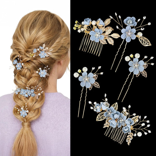 Molain 5 PCS Bridal Hair Comb Set, Wedding Headpiece with Blue Flower Rhinestone and Pearl Hair Clips for Bride And Bridesmaids