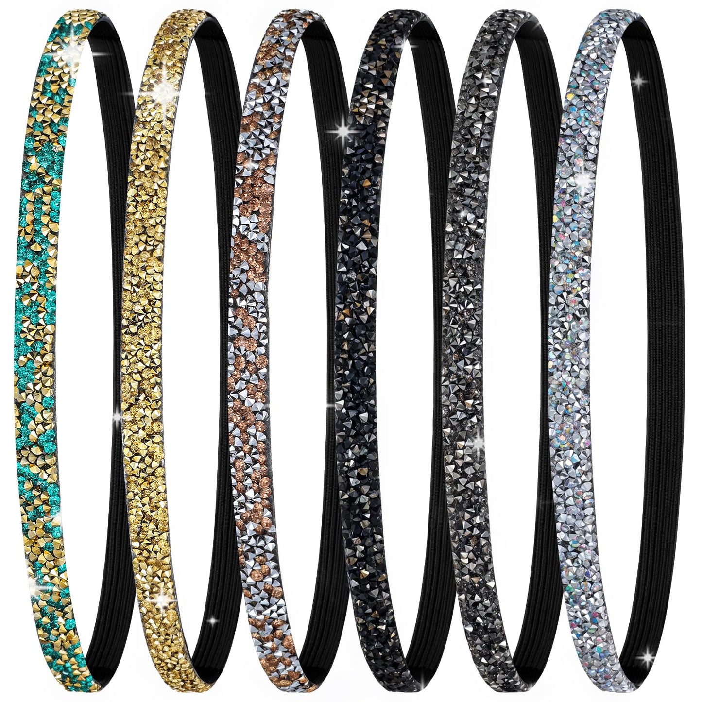 Yuanchu Pack of 6 Glitter Headbands, Elastic Rhinestone Headbands, Women's Sequin Hair Bands, Glitter Headband, Adjustable Headpiece, Crystal Headband for Girls, Women, Daily Decoration, Sports