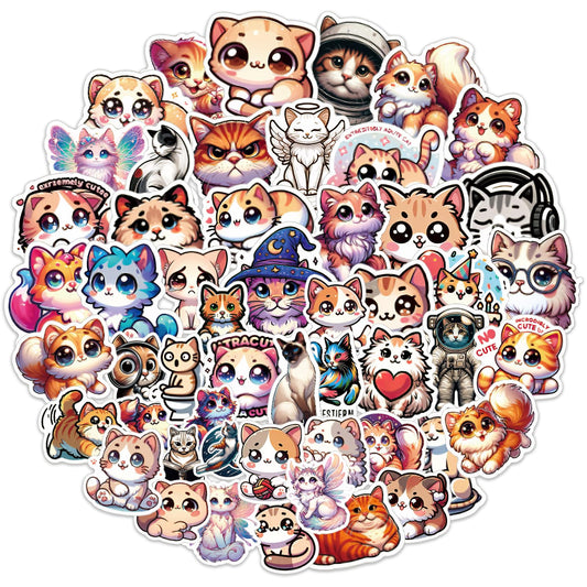 Amabro Cartoon Cat Stickers Set, 50 Pcs Funny Cute Kawaii Animal Sticker Aesthetic Decals Waterproof Vinyl Stickers for Kids Teens Water Bottles Scrapbooking Journals Planner