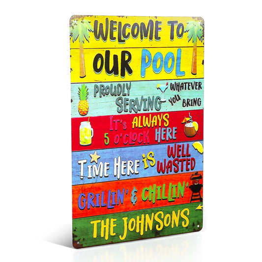 Amabro Welcome to Our Pool Sign, 12x8in Swimming Pool Metal Decor Sign Retro Welcome Pool Sign Plaque Funny Vintage Pool Hanging Sign for Pool Wall Party Outdoor Decor Summer(A)