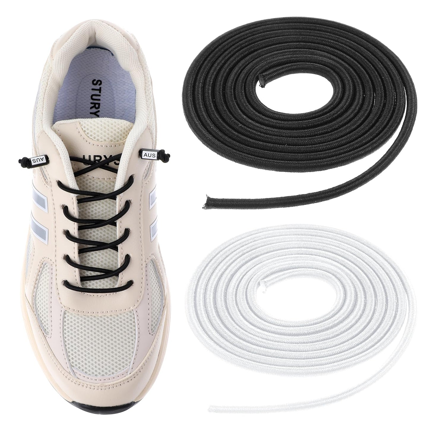 Amabro Elastic No Tie Shoelaces, Stretchy Tieless Shoelaces White Black Shoe Laces Replacements for Kids Adults Sneakers