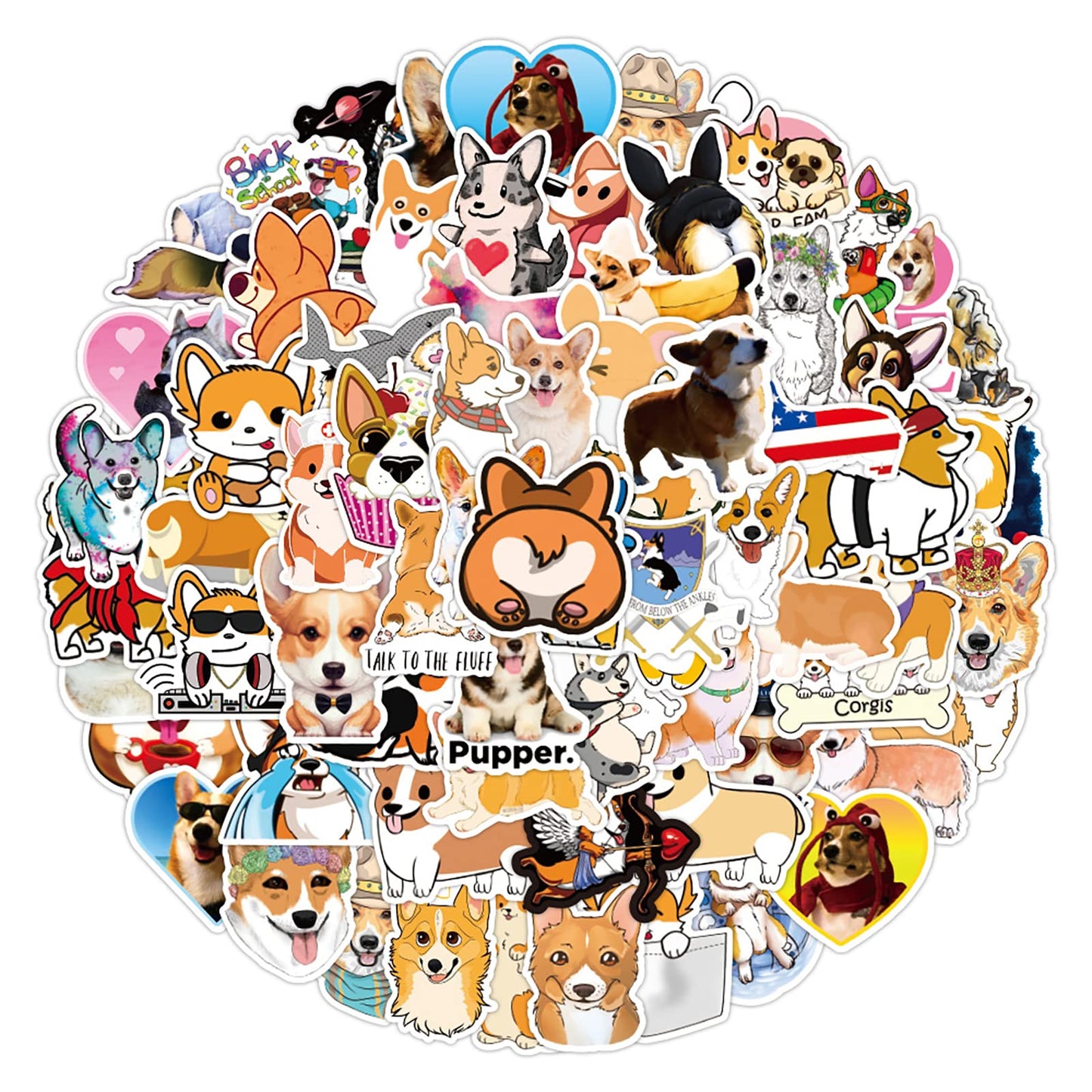 TIESOME 100pcs Cute Dog Stickers, Waterproof Laptop Skateboard Stickers Pet Corgi Dog Stickers for Kids Water Bottles Stickers for Kids Teens Print Dogs Decals Stickers