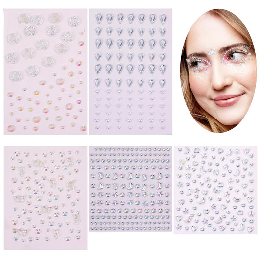 Andibro 5Sheets Self Adhesive Face Gems, Face Rhinestones Stickers Self Adhesive Rhinestone Gem Stickers for Face Nail Body Makeup Festival