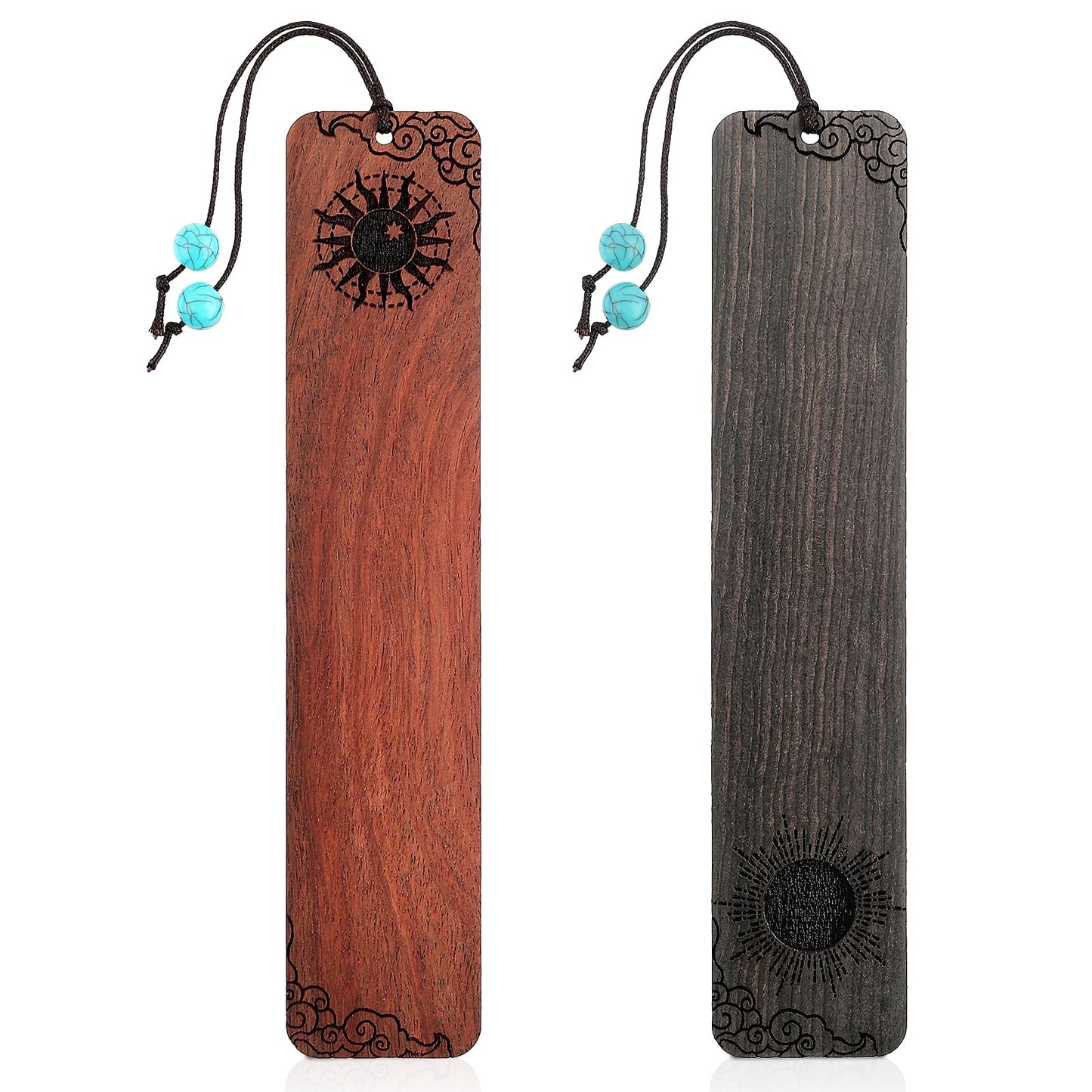 GEEHUA 2Pcs Wooden Bookmarks, Unique Vintage Bookmark Sun Moon Handmade Wood Page Mark Retro Engraved Book Marks with Pendant for Male Female Book Lovers Birthday Teachers Gift(Style-B)