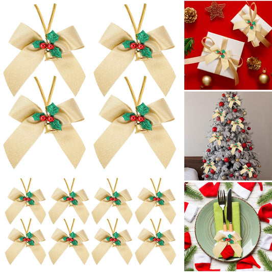 Amaxiu Christmas Bows with Bells, 12 PCS 3.5in Christmas Tree Bows Christmas Mini Bowknot Xmas Hanging Ornament Gift Ribbon Bows for Christmas Decoration Presents (Gold)