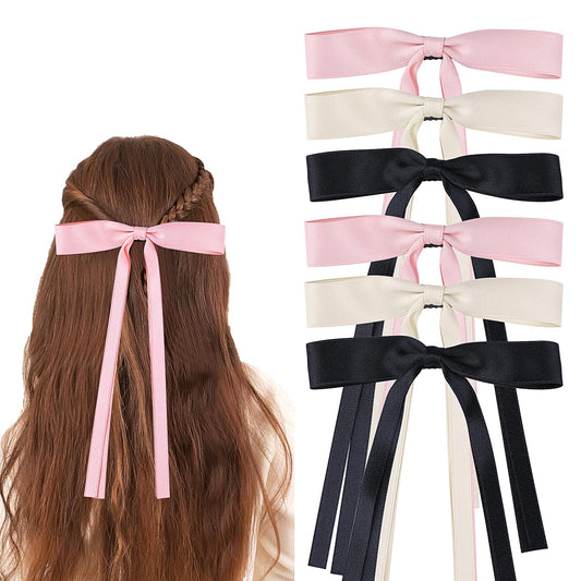 Bewudy 6 Pcs Bowknot Hair Ribbon Clips, Hair Bows for Women Ponytail Holder, Tassel Ribbon Bowknot With Long Tail, Hair Accessories for Women Girls(Black White Pink)