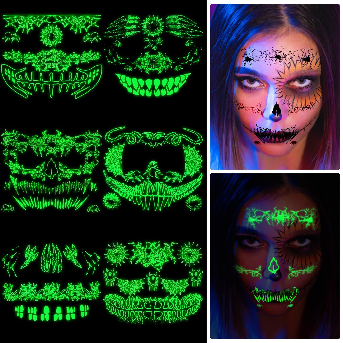 TIESOME luminous Halloween Face Temporary tattoos, 6 sheets Glow In The Dark Day of the Dead Makeup Face Tattoos Horror Tattoo Stickers Horror Big Mouth Face Tattoos Decals Spider Web Bat Scar
