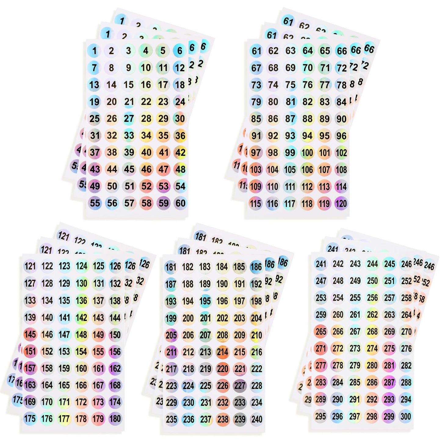 simarro Self-Adhesive Number Stickers (Number 1-300), 15 Sheet Number Round Labels Laser Waterproof Stickers Inventory Stickers Labels Decal for School Office