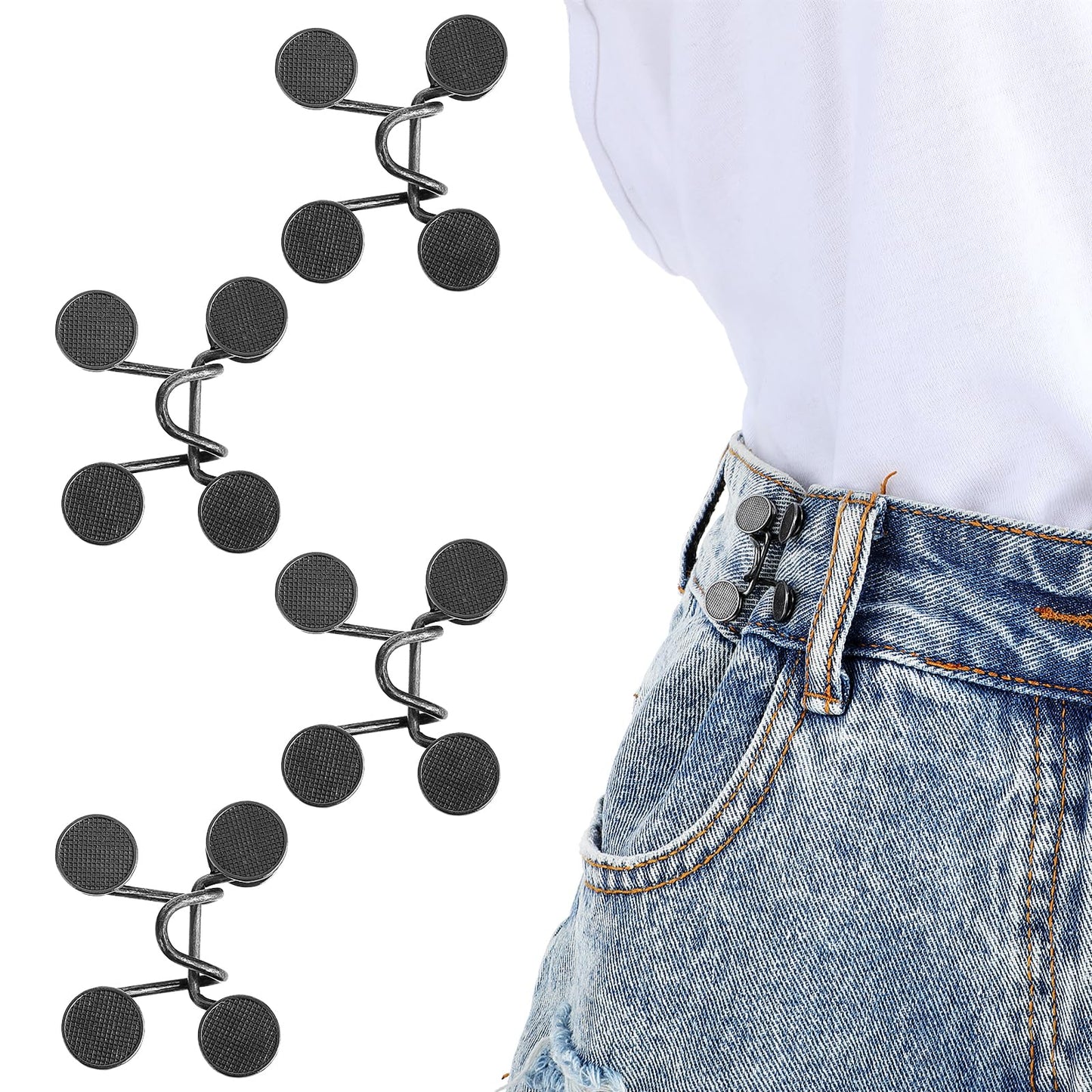 Andibro Pant Waist Tightener, 4 Set Jean Buttons for Loose Jeans, Adjustable Waist Buckle Set Adjustable Waistband Tightener Button for Jeans to Make Smaller for Pants Jeans Skirts No Sewing Required