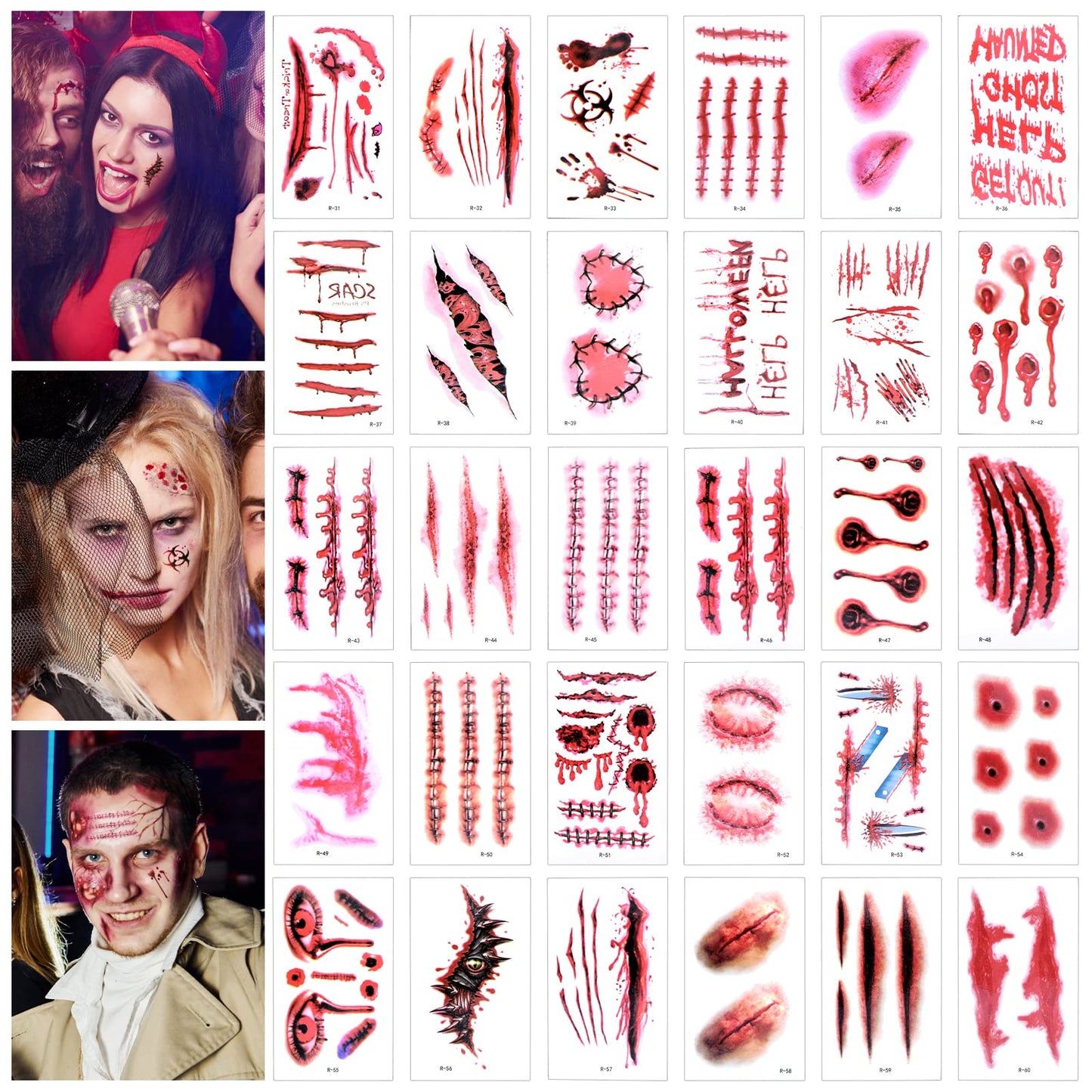 Cobee Halloween Scar Tattoos, 30 Sheets Temporary Wound Stickers with Fake Scab Blood Wound, Halloween Zombie Makeup Kit Tattoos, Bleeding Wound Vampire Bite Tattoo Halloween Cosplay Costumes