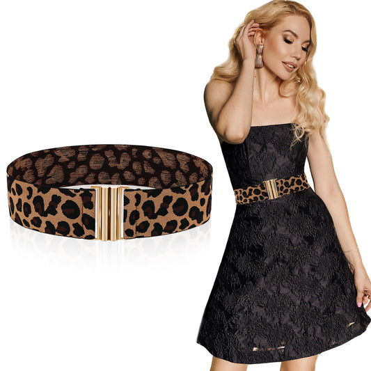 AOZUO Wide Stretch Waist Belt for Women, Vintage Elastic Leopard Print Waistband Skinny Dress Tuck Belt, Gold, Wide Stretchy Belt