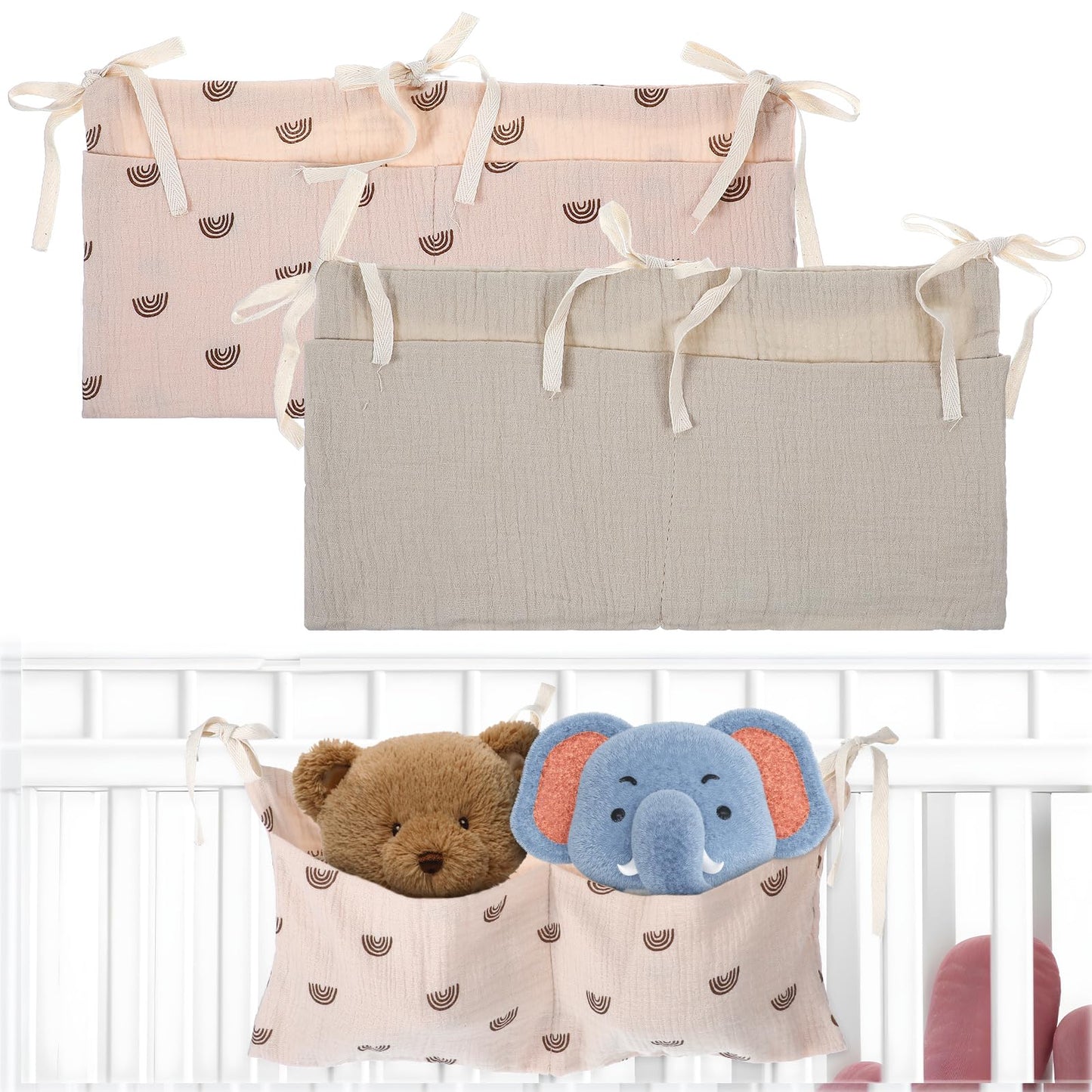 Yuanchu Hanging Baby Bed Organiser, Pack of 2, Children's Room Organiser, Adjustable Straps, 2-in-1 Baby Bed Accessories for Nappy Toy (Blue/Green + Warm Brown)