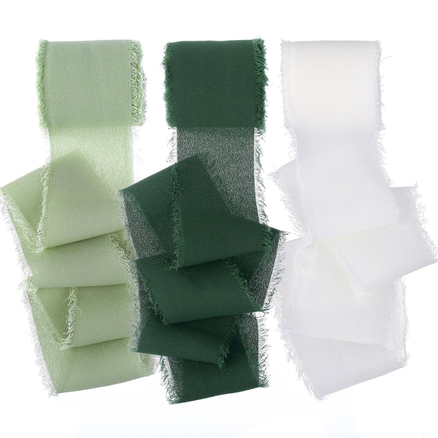 cobee Chiffon Ribbons, 3 Rolls 1.5" x 5.5 Yard Handmade Fringe Chiffon Silk Ribbons Frayed Edges Ribbons Fabric Boho Ribbon for Gift Wrapping Wedding Invitations Flower Arrangement Decor(Green, White)