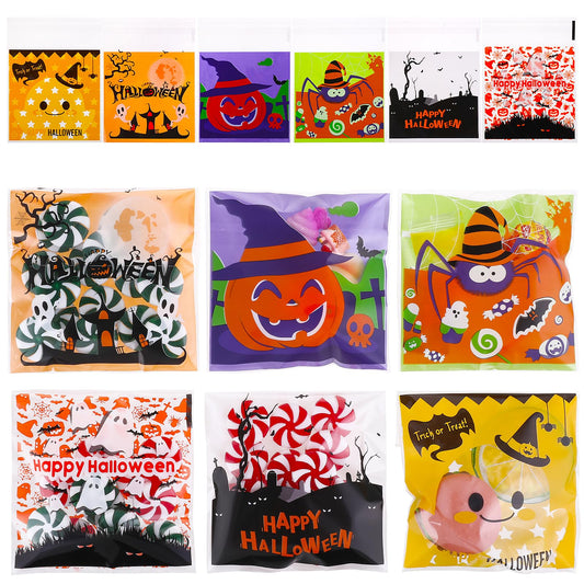 Amaxiu 300 Pcs Halloween Treat Bags, 6 Cute Style Candy Bags Clear Trick or Treat bags Self Adhesive Plastic Bags Bulk for Halloween Party Favor Supplies Gift (B)