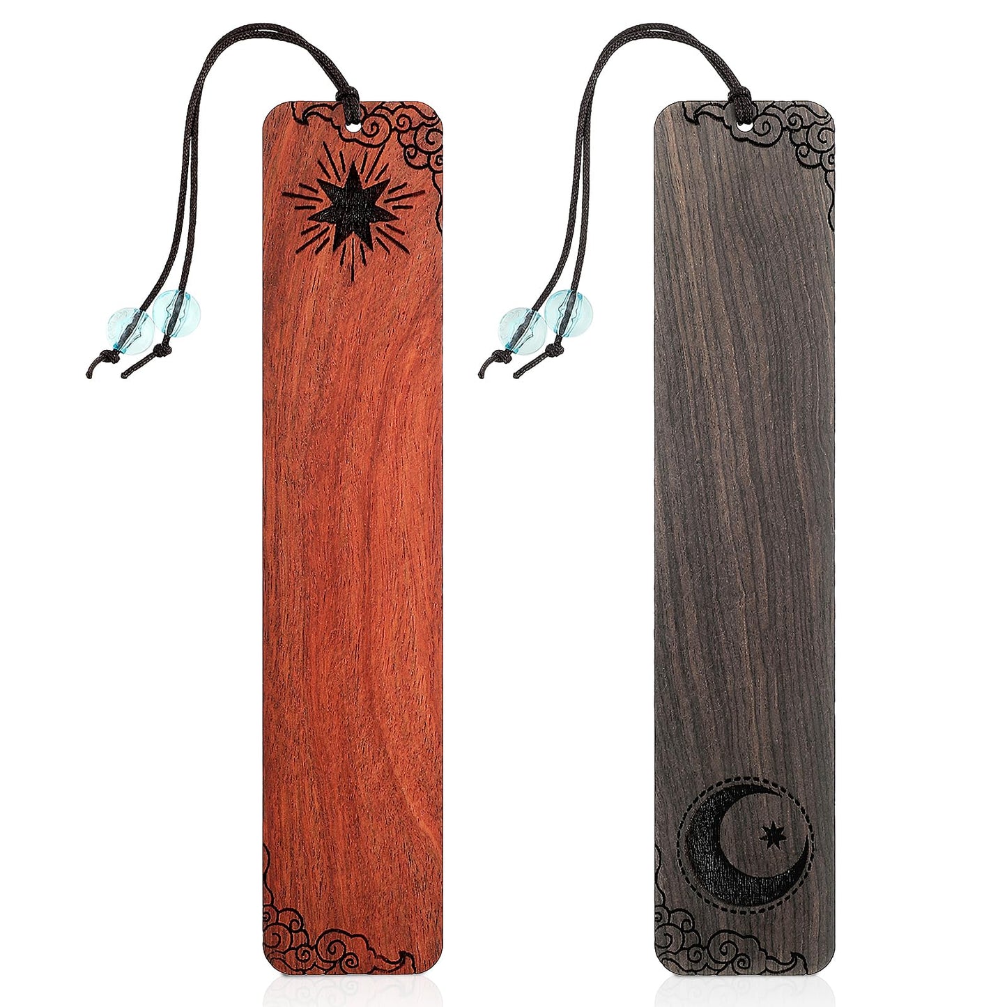 GEEHUA 2Pcs Wooden Bookmarks, Unique Vintage Bookmark Sun Moon Handmade Wood Page Mark Retro Engraved Book Marks with Pendant for Male Female Book Lovers Birthday Teachers Gift(Style-A)