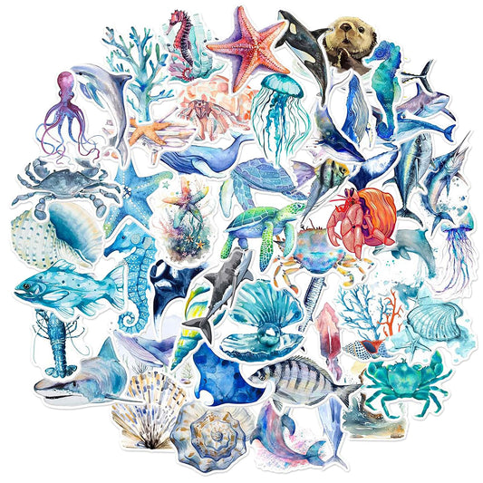 Amaxiu 50PCS Ocean Animals Stickers, Waterproof Adhesive Fish Decals Under The Sea Marine Life Stickers Ocean Stickers for Kids for Birthday Party Scrapbook Skateboard Phone Laptop