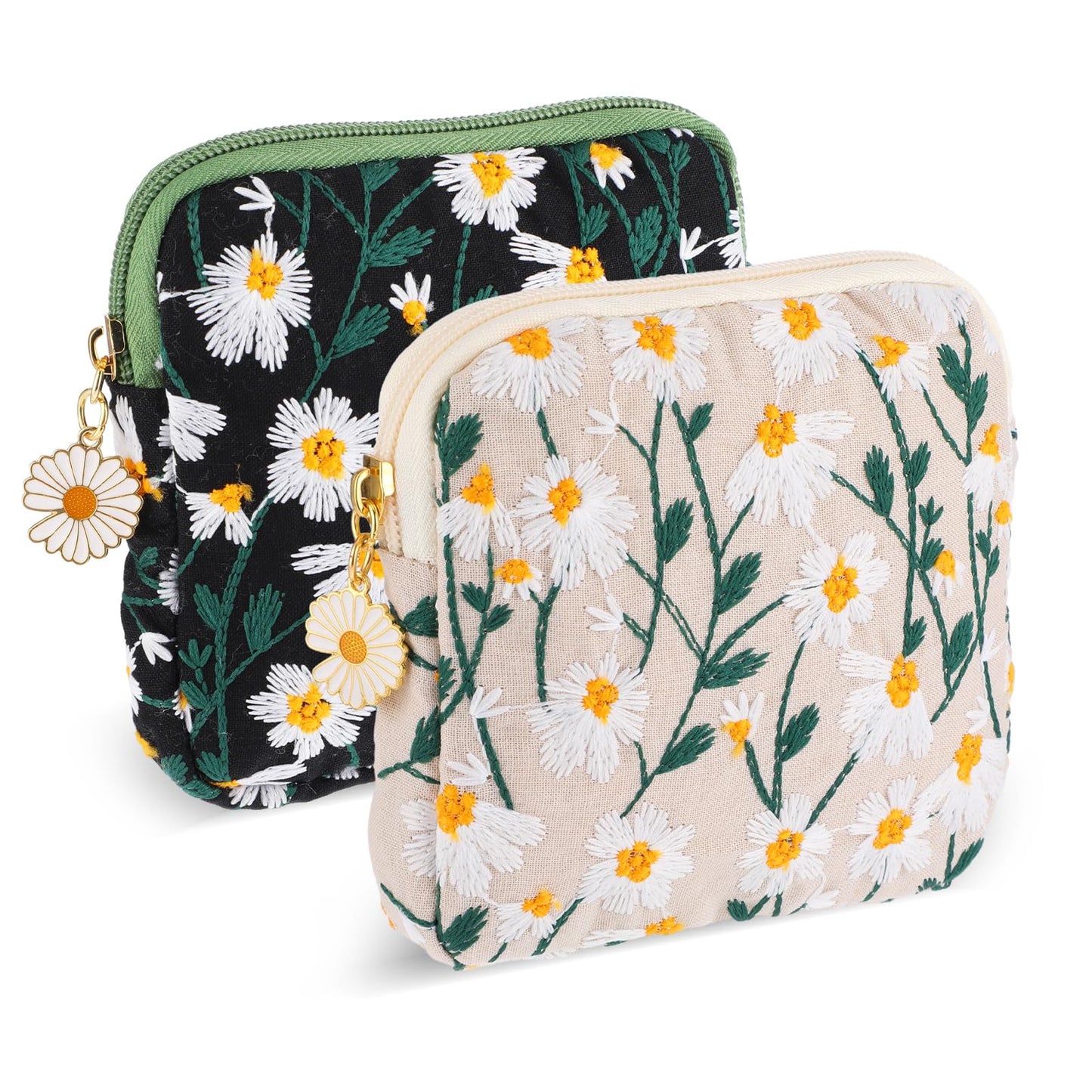GEEHUA 2 Pcs Daisies Sanitary Napkin Storage Bag, Embroidery Period Pad Pouch, Soft Cotton Period Holder Bag Menstrual Cup Pouches Nursing Pad Holder Tampon Bags with Zipper for Women Teen Girls