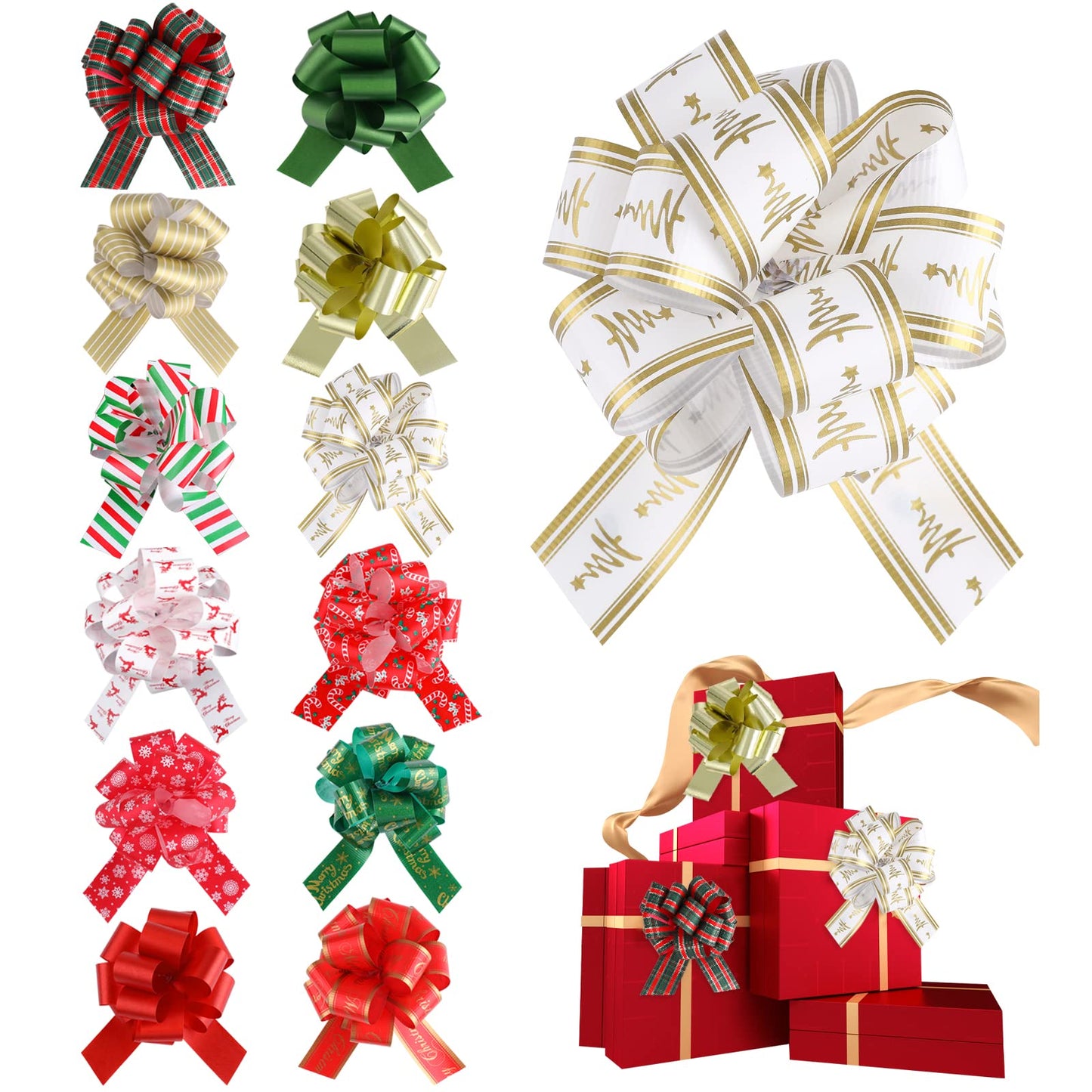 cobee Christmas Pull Bows for Gift Wrapping, 12 Pieces Large Christmas Bows Xmas Present Ribbon Bows Wrapping Decorative Bows for Christmas New Year Holiday Decoration 4.7 Inch