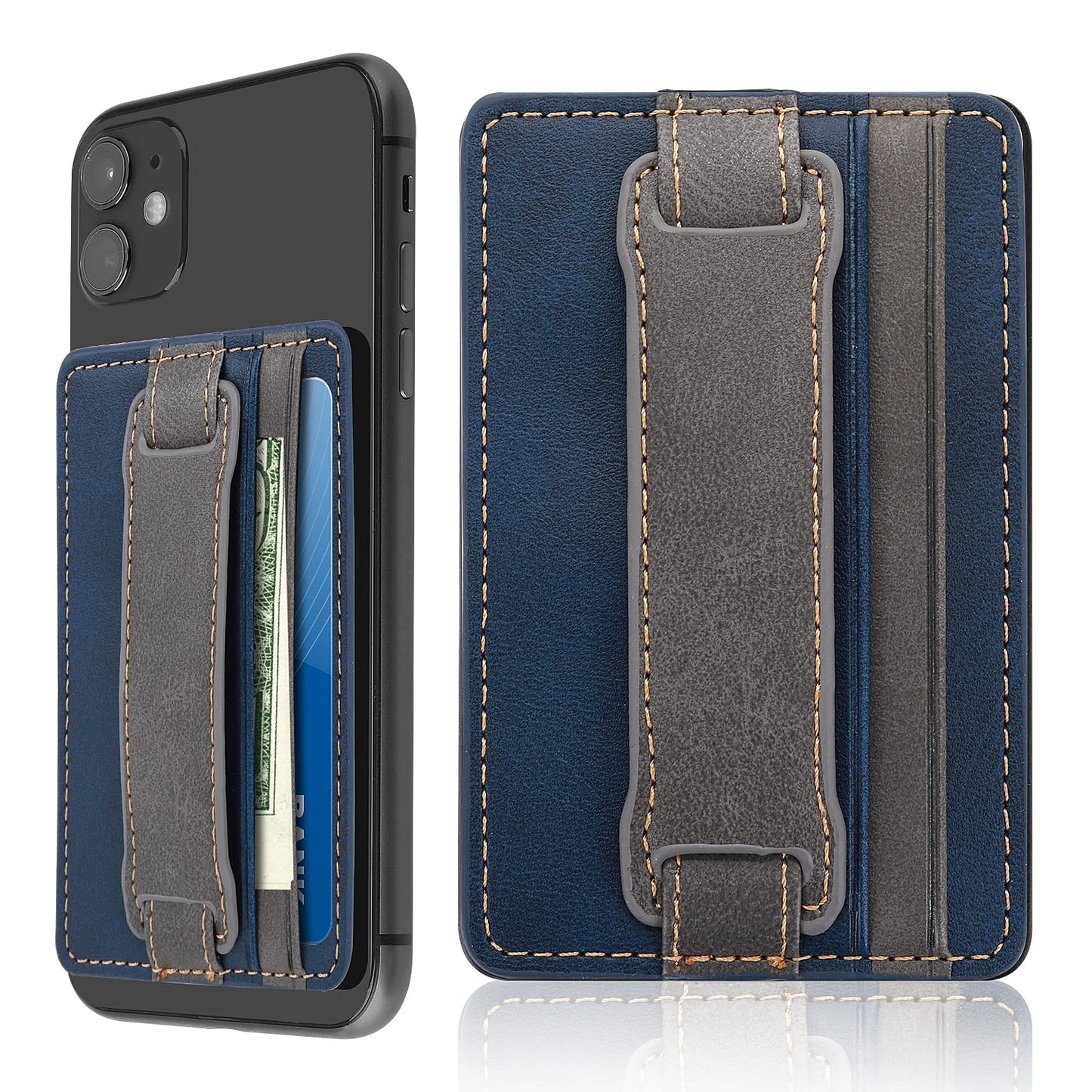 Cobee Cell Phone Card Holder Pouch, Self-Adhesive Phone Kickstand with Elastic Band Stick on Wallet Card Holder for Back of Phone Case Leather ID Card Holder Sleeve Pouch Credit Card Grip Holder(Blue)