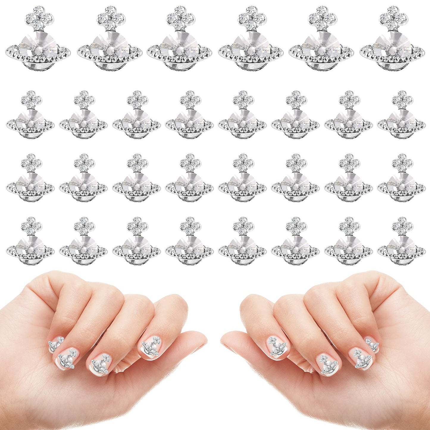 Bewudy 20 Pcs Planet Nail Charms, Nail Rhinestones 3D Shiny Planet Shape Nail Art Alloy Diamond Crystal Luxury Nail Ornament Gems for Girls Nail Art DIY Crafts Decoration Supplies(White)