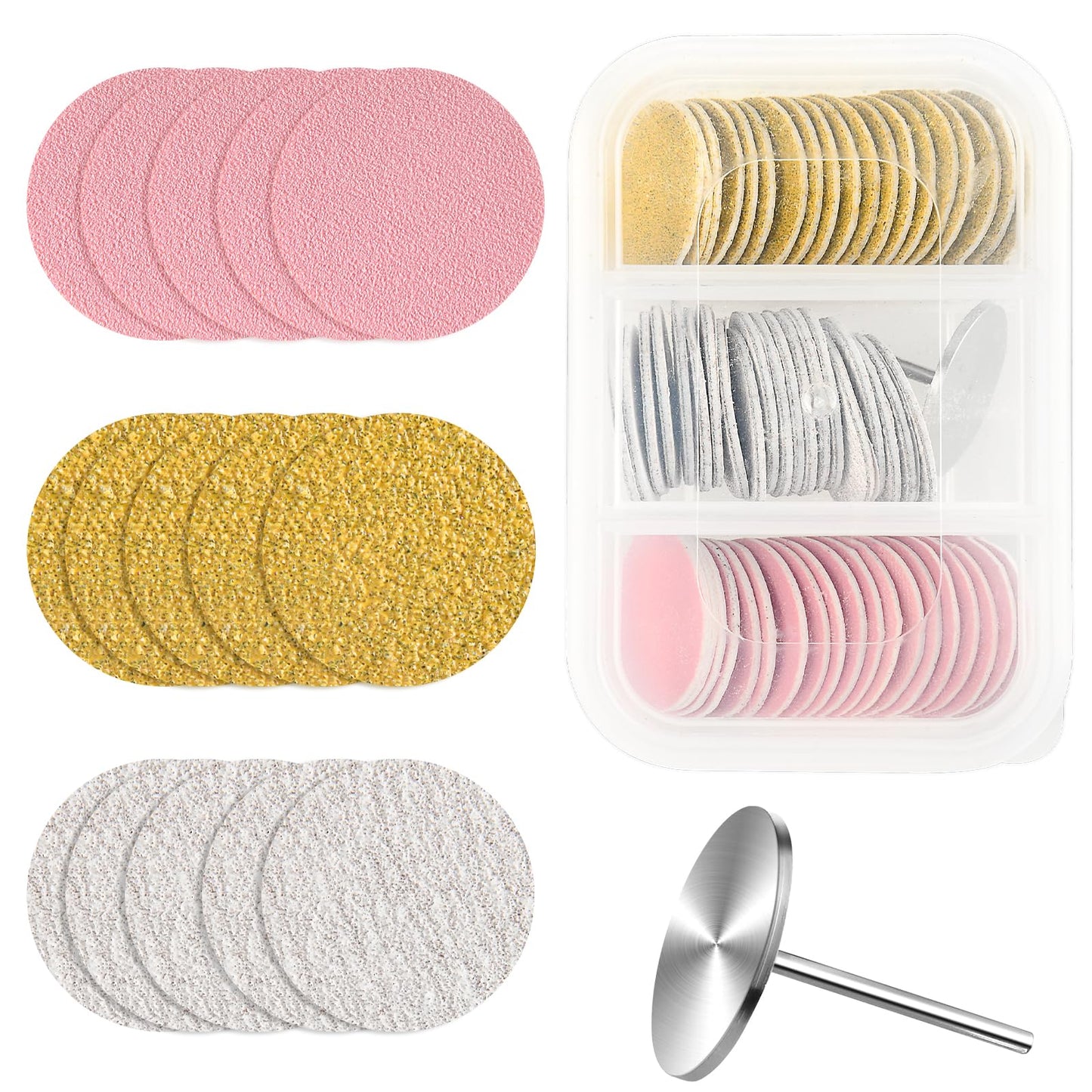 TIESOME 60 PCS 25mm Sanding Paper Discs with Metal Nail Drill Bit Foot File Drill Bits, 80#180#240# Grit for Nail Drill Foot Files Electric Remover Dead Skin Callus(Yellow, White,Pink)