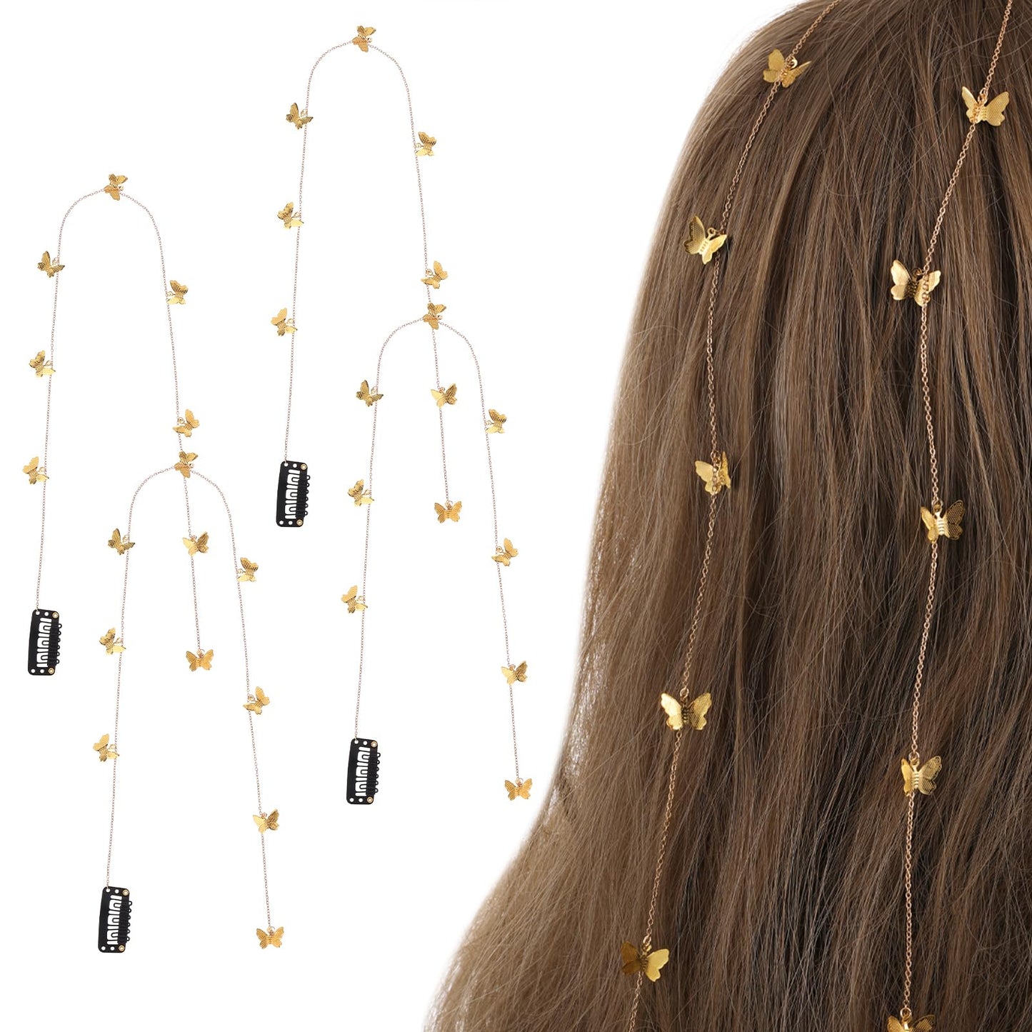 Andibro 4Pcs butterfly hair chain, long tassel hair chains for braids, golden butterfly hair clip chains butterfly hair accessories for girls children bridal wedding accessories
