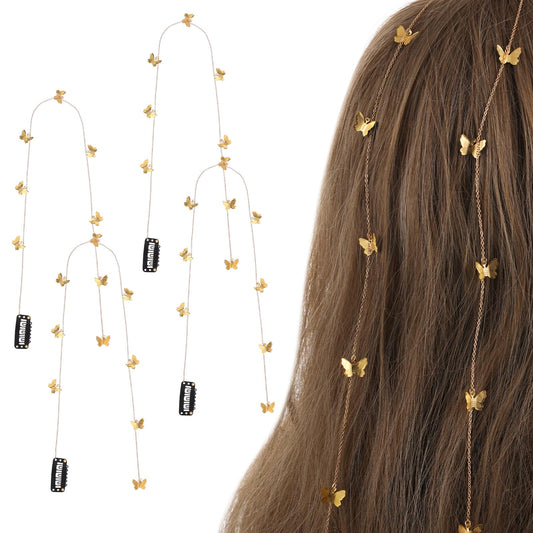 Andibro 4Pcs butterfly hair chain, long tassel hair chains for braids, golden butterfly hair clip chains butterfly hair accessories for girls children bridal wedding accessories