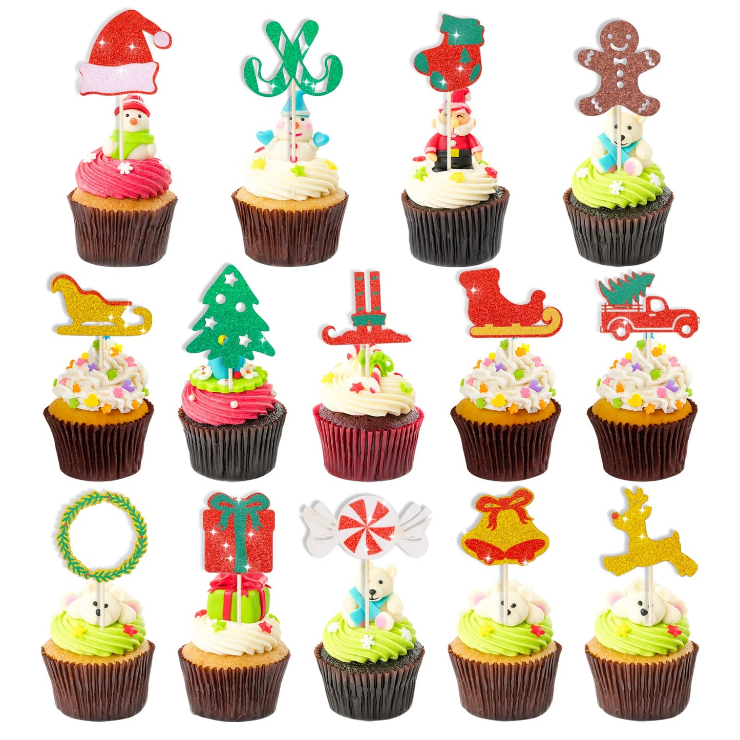Cobee Glitter Christmas Cupcake Toppers, 28 Pieces Xmas Cupcake Decorations Food Fruit Picks Merry Christmas Holiday Cake Picks Christmas Party Favors Supplies(C)