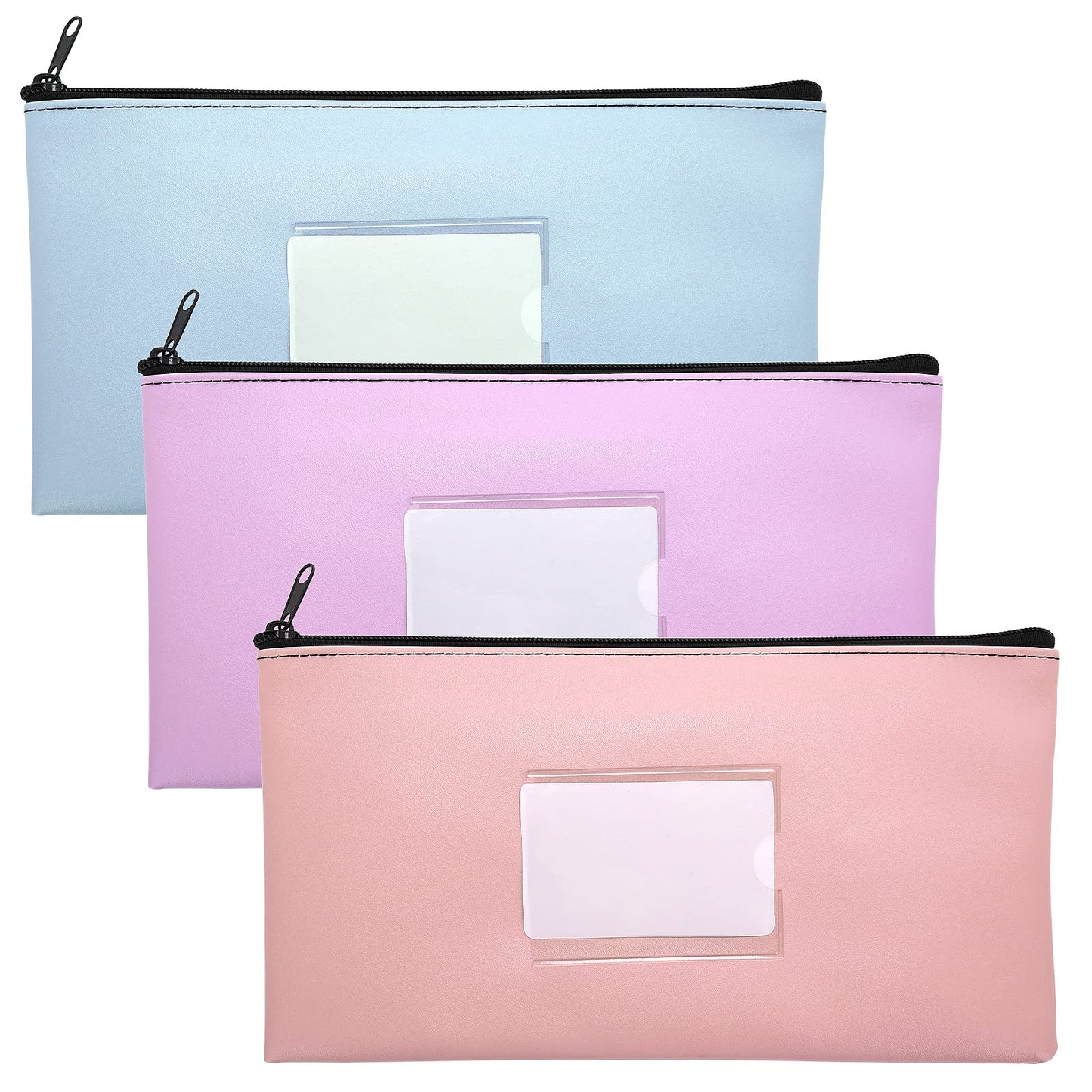 cobee Leather Money Bags, 3PCS Bank Deposit Money Bags with Zipper Bank Deposit Bag Zipper Wallet Pouch with Clear Window Makeup Bag Pencil Pen Cases Coin Bag for Men Women(29 x 16.8 cm)
