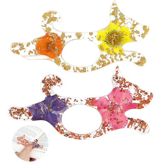 TIESOME 2 Pcs Cute Puppy Resin Book Page Holder, Dried Flower Thumb Bookmarks Transparent Floral Ring Page Holder Book Opener Reading Book Accessories for Book Lovers Gift Readers Teacher Bookworm